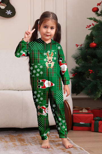 Pijama familiar a cuadros copo de nieve verde con capucha de reno